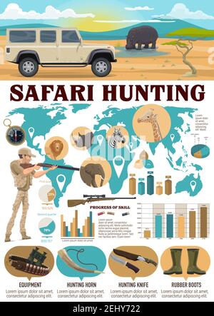 Safari Jagd Sport Infografiken. Vektor-Jäger mit Waffe und Löwe, Nilpferd, Elefant, Giraffe und Zebra auf der Weltkarte. Diagramme und Diagramme, Ausrüstung A Stock Vektor