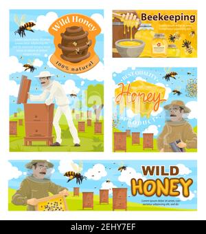 Imkerei Bauernhof oder Imkerei, Imker in Schutzkleidung, Bienenherden und Bienenstock. Vector Mann und Wabe, Schalen und Gläser von wildem Honig. Natürliche ho Stock Vektor