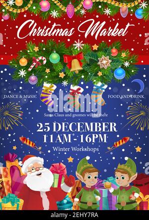 Weihnachtsmarkt, Weihnachtsbaum und Weihnachtsmann, Elfen und Glocke. Vector Tanne oder Fichte Zweige, Lebkuchen und Dekore, Zuckerrohr Bonbons und so Stock Vektor