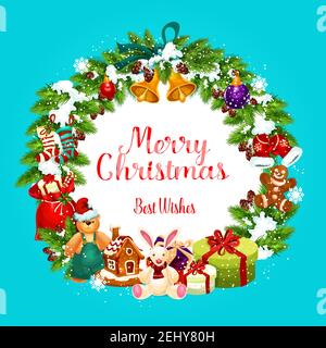 Weihnachtsfeiertag Grußkarte mit Tannenkranz und Schnee, Vektor. Jingle Glocken und Geschenkbox, Spielzeug und Lebkuchenhaus, Dekorationen für Weihnachtsbaum und Stock Vektor
