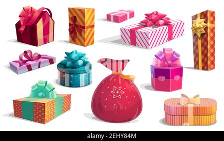 Present Boxen Set von runden, rechteckigen oder Haus-Design und Santas Tasche. Vector Geschenke von Weihnachten und Geburtstag, Jubiläum und Feiertag. Behälter wr Stock Vektor