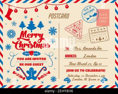 Frohe Weihnachten Gruß Postkarte, Winterurlaub Glückwünsche und Party-Einladung. Vektor-Postkarte mit Briefmarken und Adresse, Weihnachtsbaum und Stechpalme Stock Vektor
