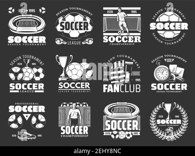 Symbole für Fußballsport und Fußballmannschaftsschild. Ball auf Wappschild, Champion-Spieler, Pokal und Turnschuhe, Schiedsrichter und Stadion. Fußball-Fie Stock Vektor