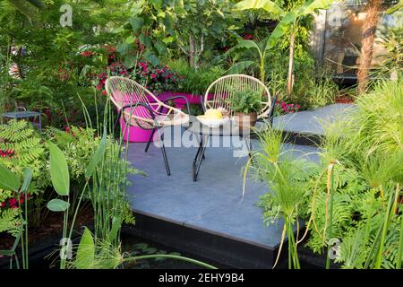 Tropischer Garten uk Rattan Stühle und Tisch auf dunklen Stein modernen Terrasse Pflaster mit geschäftigen Lizzie Imara in Grenzen Pampas Gras und Farne UK Stockfoto