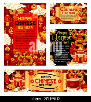 Frohes chinesisches Neujahr Grußkarten und Banner von China traditionellen Mondurlaub. Vektor chinesische Dekoration rote Laternen, Goldmünzen und Drachen in Stock Vektor