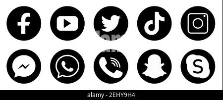 Symbole für soziale Medien. Schwarz gefärbte Icon Set Illustration. facebook twitter, instagram, youtube, snapchat, whatsap, viber skype tiktok Stock Vektor