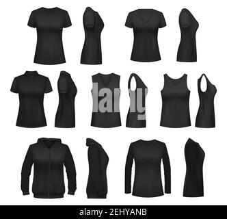 Frauen kleiden isolierte Mockups. T-Shirt und Hoodie, Sweatshirt, Polo und Singlet, ärmelloses Shirt und Bluse. Vektor weiblich ungewear Grundkleidung BL Stock Vektor