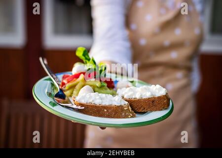 Genießen Sie frischen Gemüsesalat und Baguette mit Quark. Frau serviert vegetarisches Essen auf dem Teller bei Gartenparty oder Feier Stockfoto