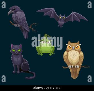 Halloween schwarze Katze von Hexe, Fledermaus und Eule, gruselige Horror-Krähe, Frosch und Rabe Comic-Figuren. Unheimlich Nacht Tiere und Vögel, oktober Feiertage Thema Stock Vektor
