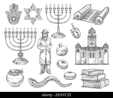 Judentum Religion Skizzen mit Vektor-Symbole der jüdischen Feiertage. Hanukkah Menora, Rosch Hashanah Shofar, Honig, Donut und Granatapfel, David Star, Bis Stock Vektor