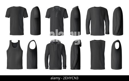 Herren T-Shirts, Sport Tanktops oder Hoodies und Casual Poloshirts Mockup Modelle. Vector isoliert schwarze Herrenbekleidung Bekleidung, realistische blank vorne, hinten und Stock Vektor