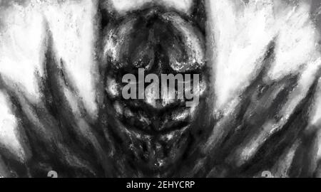 Scary gezeichnet Superhelden Charakter. Illustration im Genre der Comic-Fiktion. Gruselige Bild von Tier aus Alpträumen. Düsteres Charakterkonzept. Fantasy Draw Stockfoto