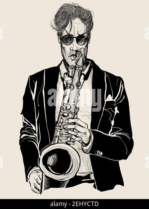 Saxophonspieler in schwarz-Vektor-Illustration Stock Vektor