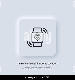 Smart Watch mit Pinpoint-Position. Transport Zeitplan mobile App Benachrichtigung Nachtmodus Design. Ankunftszeit auf dem Bildschirm. GPS-Tag auf Smartwatch Stock Vektor