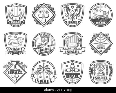 Israel Kultur Symbole, Religion und Tradition monochrome Ikonen. Vector Harfe und Granatapfel, Füllhorn und Boot mit Rudern. Lion und David Star, cand Stock Vektor