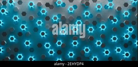 Graue Sechsecke mit blauen Lichtern, moderner futuristischer Hintergrund 3D Render 3D Illustration Stockfoto