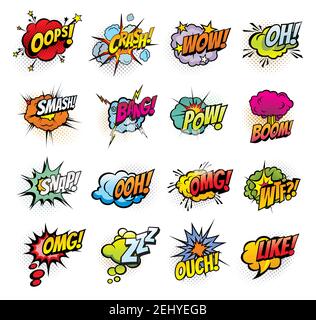 Comic-Blasen und Sound Blasts Symbole. Vektor Cartoon Pop Art Blasen von Oops, Crash oder Bang Sound und Ommg Boom, Ouch oder ZZZ und wtf oder Snap Wolke Stock Vektor