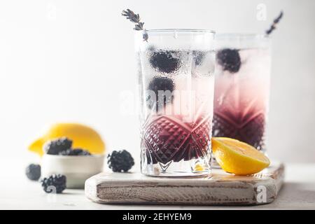 Erfrischende Blackberry Lemonade mit Eis in Kristallgläsern auf weißem Hintergrund Stockfoto