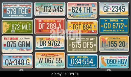 Abstrakte Kfz-Kennzeichen. Vektor-Nummernschilder von Kalifornien, Alabama oder Virginia und Hawaii, Montana oder Illinois und US-Georgia oder Delawa Stock Vektor