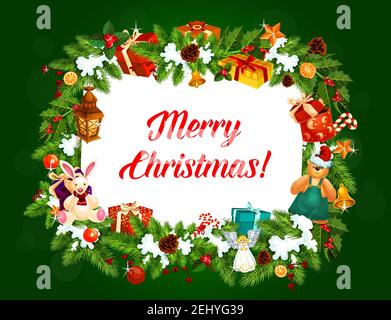 Frohe Weihnachten Vektor Grußkarte. Holy Beere und Tannengirlande, Schleife und Geschenkboxen, Kaninchen und Bär Spielzeug. Engel und Orange, Preiselbeere und Stock Vektor