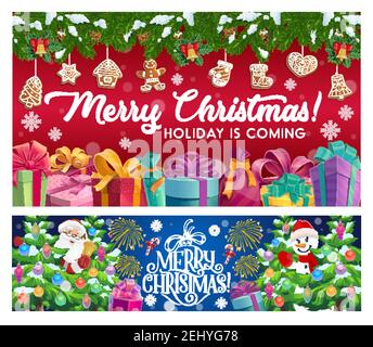 Frohe Weihnachten und einen guten Rutsch ins neue Jahr. Vector Weihnachtsmann und Schneemann, Weihnachtsbaum und Geschenke, Lebkuchen Cookies und Geschenk-Boxen, Zuckerrohr Bonbons und Stock Vektor