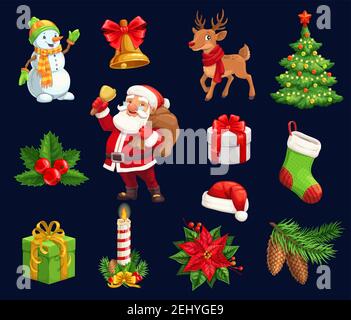 Weihnachtsfeiertage Symbole, Zeichen. Vektor isoliert Cartoon Kiefer, Hirsch und Stechbeere, Kerze und Glocke, Hut und Poinsettia, Santa und Schneemann w Stock Vektor