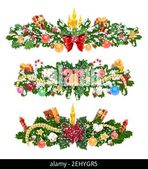 Weihnachtsgirlande und Dekor, Weihnachtsbaum Äste. Vector Tanne oder Fichte, Kerze und Stechpalme, Girlande und Kugeln, Lebkuchen und Feuerwerk. J Stock Vektor