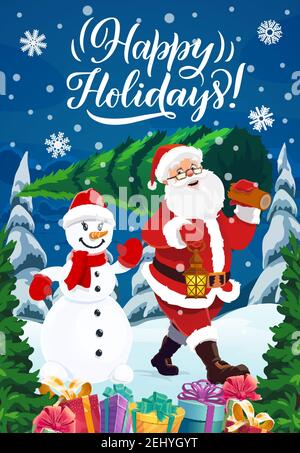 Weihnachtsmann und Schneemann trägt Weihnachtsbaum im Winterwald, Vektor-Grußkarte mit Geschenken und Geschenk-Boxen, Band Bogen, Schneeflocken und Wünsche von Ha Stock Vektor