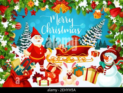 Weihnachtskarte mit Schneemann und Zwerg. Kutsche mit Geschenken und Geschenkschachteln auf Schnee, dekorierten Weihnachtsbaum und Hase Spielzeug. Tannenzweige mit Co Stock Vektor