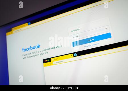 Chrome Browser-Fenster sind gesehen offen mit einem Facebook-Login-Seite und eine Google-Suche-Seite in diesem Foto Illustration in Warschau, Polen am Februar 20, Stockfoto