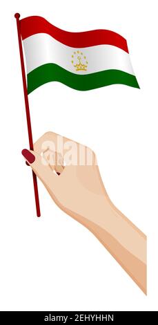 Weibliche Hand hält sanft kleine Flagge Tadschikistans. Design-Element Urlaub. Cartoon-Vektor auf weißem Hintergrund Stock Vektor