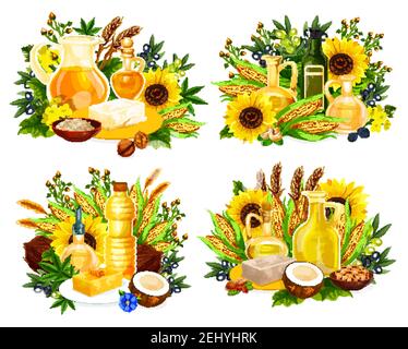 Kochen Ölflaschen und Gläser Vektor-Symbole mit pflanzlichen Zutaten. Oliven, Mais und Sonnenblumen, Kokosnuss, Walnuss und Soja, Raps, Hanf und Sesam Stock Vektor