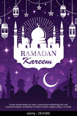 Ramadan Kareem Laternen und muslimische Moschee Vektor-Design von Eid Mubarak Thema. Islam Religion Moschee Silhouetten mit Halbmond, Sterne und festliche Stock Vektor