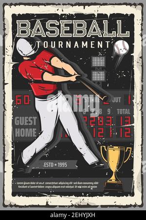 Baseball Sport Turnier Vintage Grunge Poster. Vector Baseball-Spieler mit Schläger Hit Ball auf Anzeigetafel Hintergrund, Softball Spiel Liga Meisterschaft, Stock Vektor