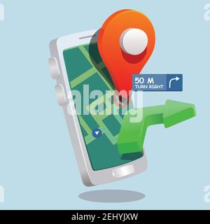 Routenrichtung mit Pfeil und Pin-Position auf der Karte. Navigationsanwendung. 3D, drei Dimentional Zeichnung Cartoon Stil Spielzeug wie Illustration Stock Vektor