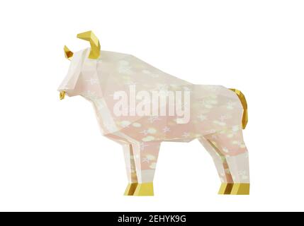 Low Poly Light Pink Bull mit Sternen, gefaltetes Papier Tierfigur, 3D Render Stockfoto