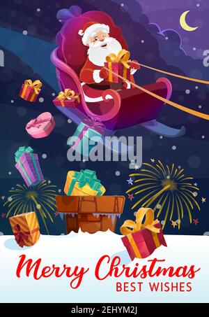 Weihnachtsmann auf Schlitten, Tasche oder Sack voller Weihnachtsgeschenke, Weihnachtsgeschenke Lieferung. Hausdach und Kamin, Feuerwerk in Nachthimmel und Mond. Noel Fair Stock Vektor