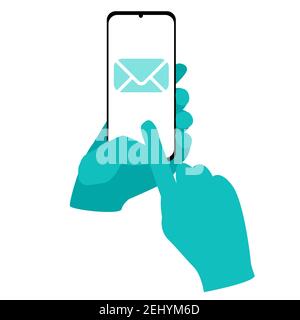 Hände in medizinischen Handschuhen halten ein Smartphone mit einem E-Mail-Briefumschlag. Flache Vektordarstellung isoliert. Stock Vektor