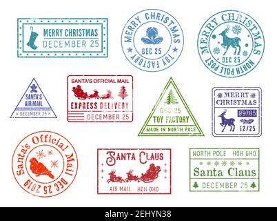 Weihnachtsmann Briefmarken. Vector Hirsch und Schneeflocken, Lebkuchenmann und Schlitten, Christmastree und Bullfinch. Post, Postkarte und Briefelement, Direc Stock Vektor