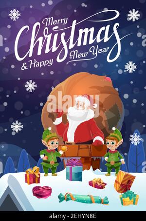 Weihnachtsmann auf dem Dach in Schornstein, Sack von Weihnachtsgeschenken und Gnomen. Vector Geschenk-Boxen mit Bogen, Winter Urlaub Grußkarte, Märchen Zeichen. Xma Stock Vektor