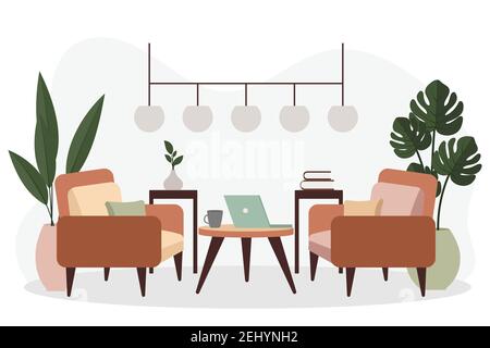 Stilvolle Apartments im skandinavischen Stil mit moderner Einrichtung. Gemütlich eingerichtetes Wohnzimmer. Cartoon flache Vektor-Illustration. Hell, stilvoll und Stock Vektor