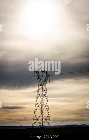 Stromleitungen stehen am späten Nachmittag hoch über einem grünen Feld vor einem dramatischen Himmel Stockfoto