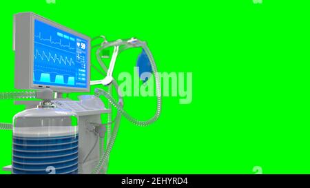 Medicine 3D Illustration, ITS-Lungenventilator mit Bettrendern, isoliert auf grün Stockfoto