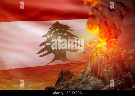 Großer Vulkanausbruch in der Nacht mit Explosion auf Libanon Flagge Hintergrund, leiden unter Katastrophe und Vulkanasche Konzept - 3D Illustration von natu Stockfoto