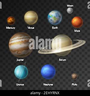 Planeten von Sonnensystem Vektor isolierte Symbole. Erde, Saturn, Mond und Mars oder Venus, Neptun mit Merkur oder Uranus und Pluto oder Jupiter-Planet in ga Stock Vektor