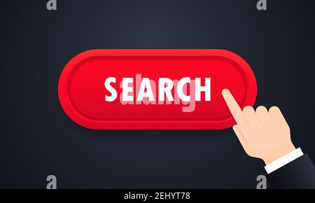 Suche 3D Taste mit Zeiger klicken. Drücken Sie mit der Hand die Taste Suche. Symbol für Schaltfläche „Jetzt registrieren“ gesetzt. Für Website. Vektor auf isoliertem Hintergrund. EP Stock Vektor