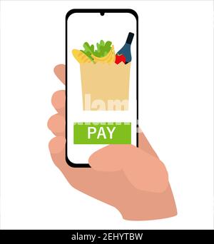 Hand hält ein Smartphone und bestellt Lebensmittel in der Anwendung. Sicheres kontaktloses Liefer- und Einkaufskonzept. Flacher Stil Stock Vektor