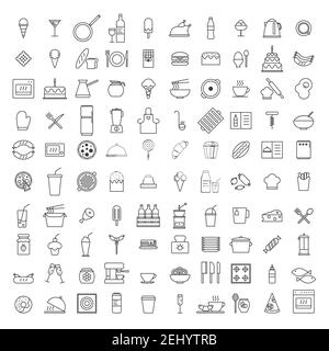 Set von einfachen 100 Küchen-Icons in trendigen Linienstil isoliert auf weißem Hintergrund für Web-Apps und mobile Konzept. Vektorgrafik Stock Vektor