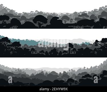 Horizontale abstrakte Banner von Hügeln aus Holz in dunkelschwarzen Farben. Stock Vektor