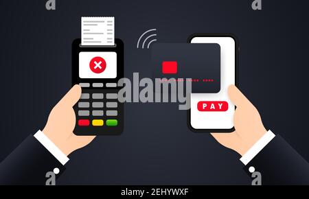 Abbildung: Abgelehnte Zahlung. Wireless-Zahlung. Überweisen Sie Geld von der Karte. Vektor auf isoliertem Hintergrund. EPS 10. Stock Vektor